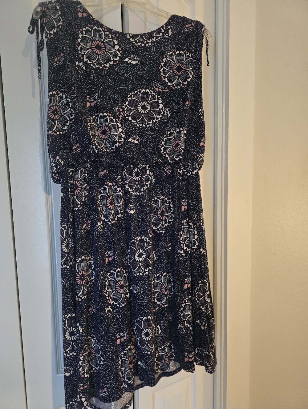 LOFT Navy Floral Midi Dress with Pink and White Accents SZ L
